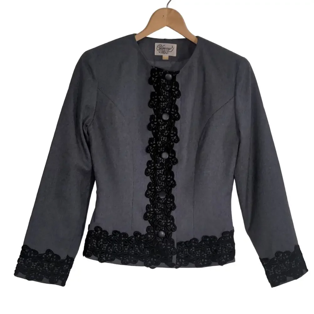 Vintage Gray Blazer‎ black lace trim goth fitted size S